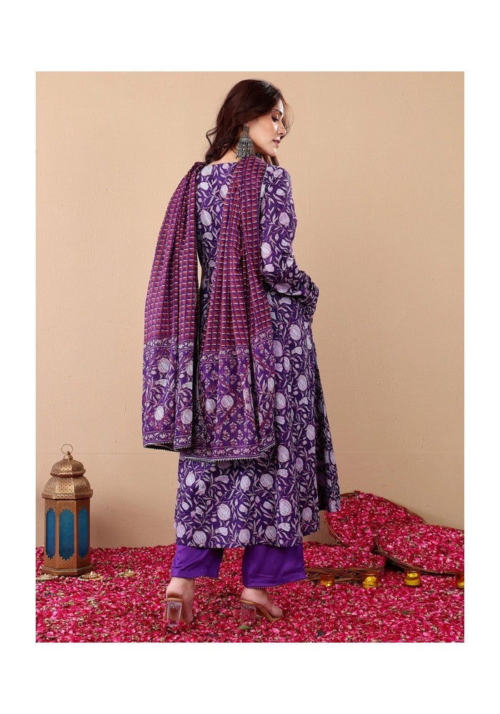 Malishka Export Purple Rayon Printed Anarkali Kurta Pant With Dupatta for Women - Image 2